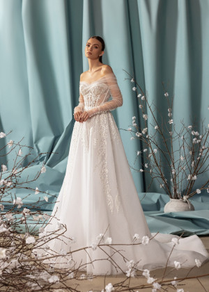 Off Shoulder Beaded Ivory Lace Tulle Wedding Dress